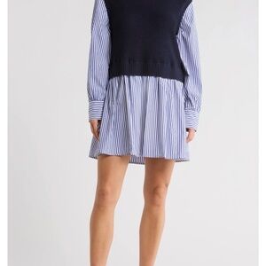 French Connection Navy Knit Vest Over Blue & White Striped Shirt Collar